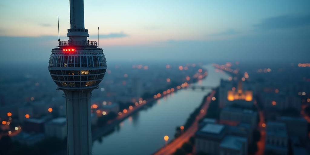 a large tower with a red light on top of it's side in a city next to a river, Dahlov Ipcar, zenith v