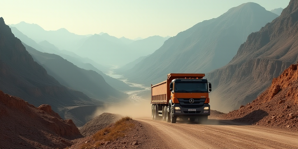 a large truck driving down a dirt road near a mountain side area with a large open pit in the backgr