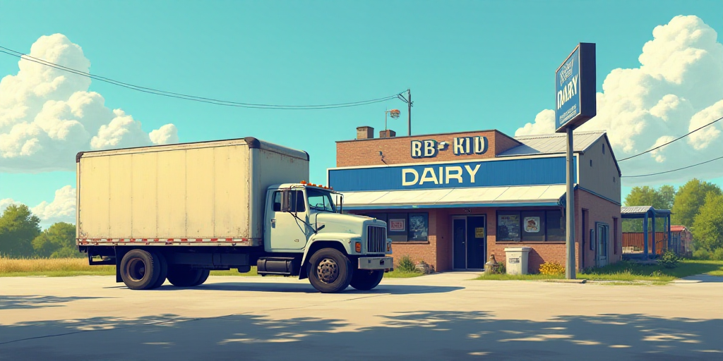 a large truck is parked in front of a dairy store with a blue sign on the side of it, Dahlov Ipcar,