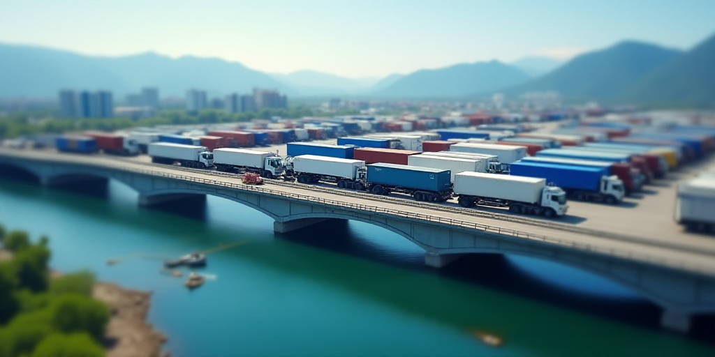 a large warehouse filled with lots of blue and white containers and trucks next to each other on a b