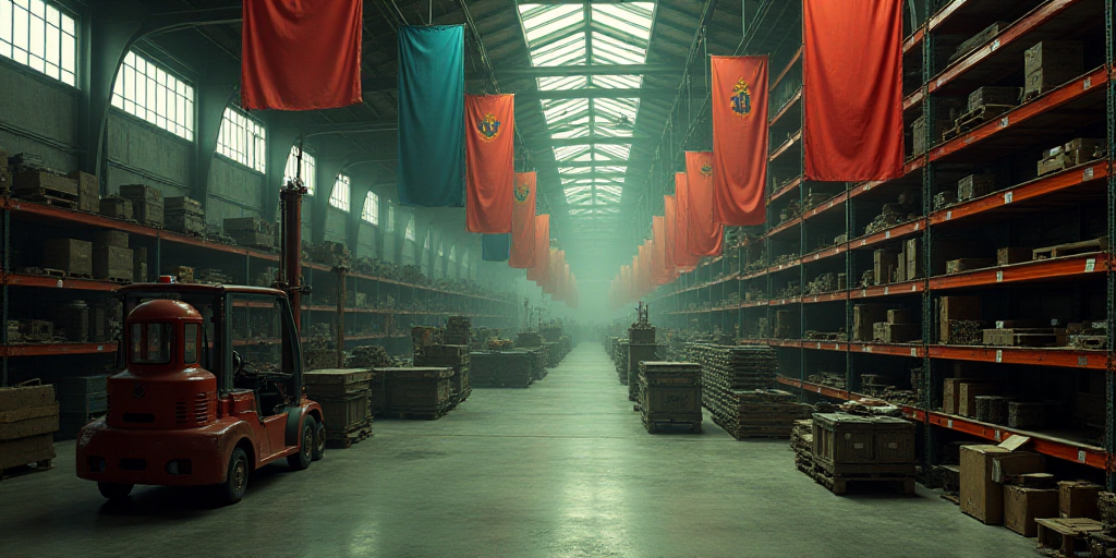 a large warehouse with many carts and flags hanging from the ceiling and a row of shelves with vario