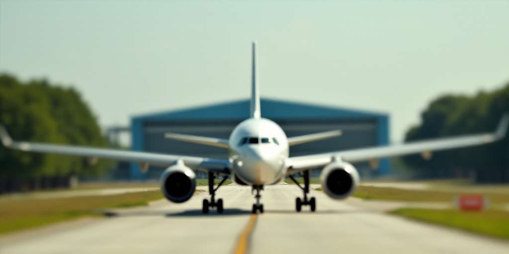 a large white airplane on a run way with trees in the background and a building in the background wi