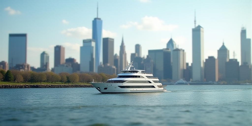 a large white boat in the water near a city skyline with tall buildings in the background and a tall