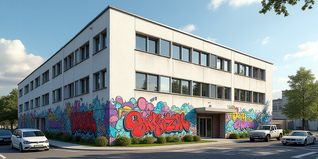 a large white building with a lot of windows on it's side and cars parked in front of it, Enguerrand