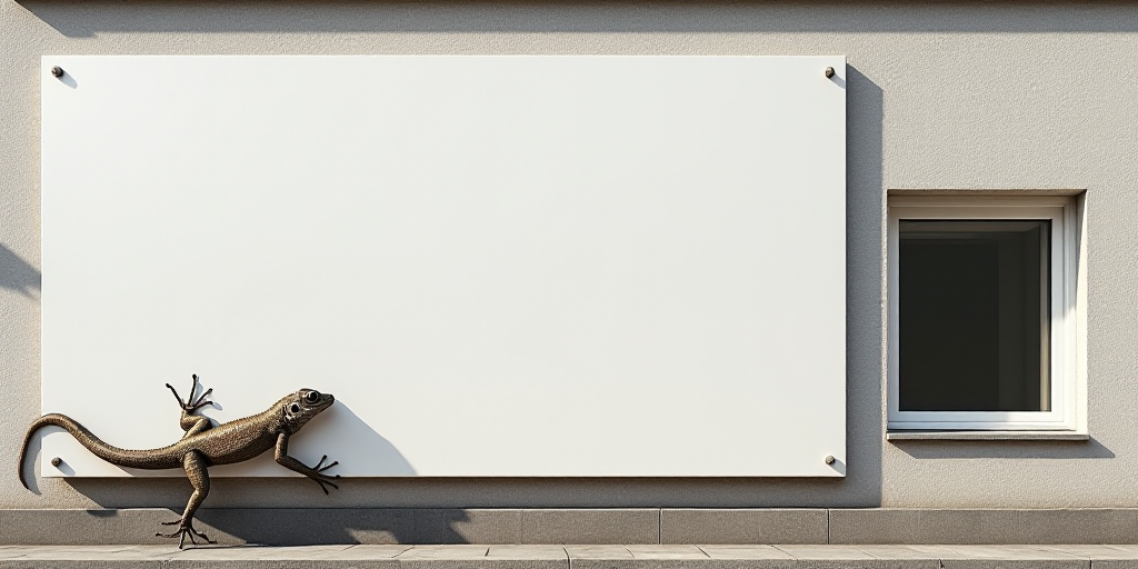 a large white sign on the side of a building with a lizard on it's side and a window, Carles Delclau