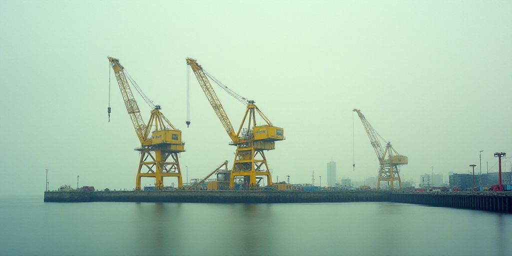 a large yellow crane sitting on top of a body of water next to a pier and a large crane, Constant Pe