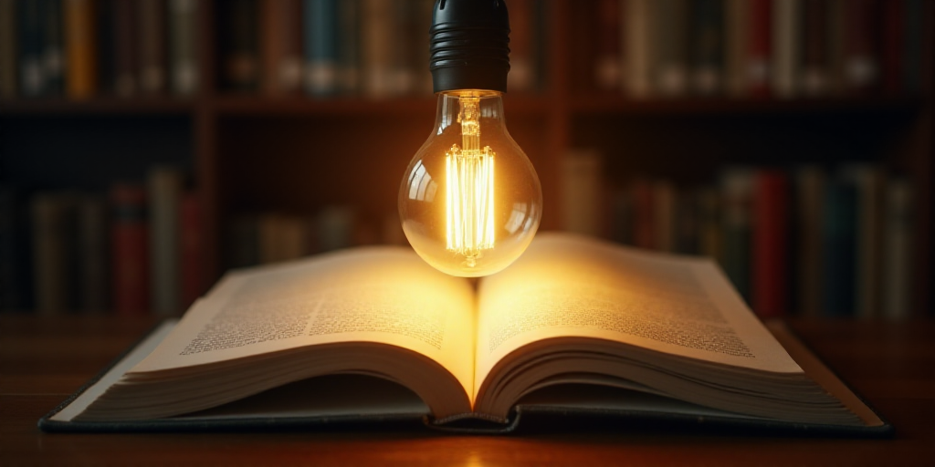 a light bulb is shining on an open book on a table in a library with bookshelves in the background,