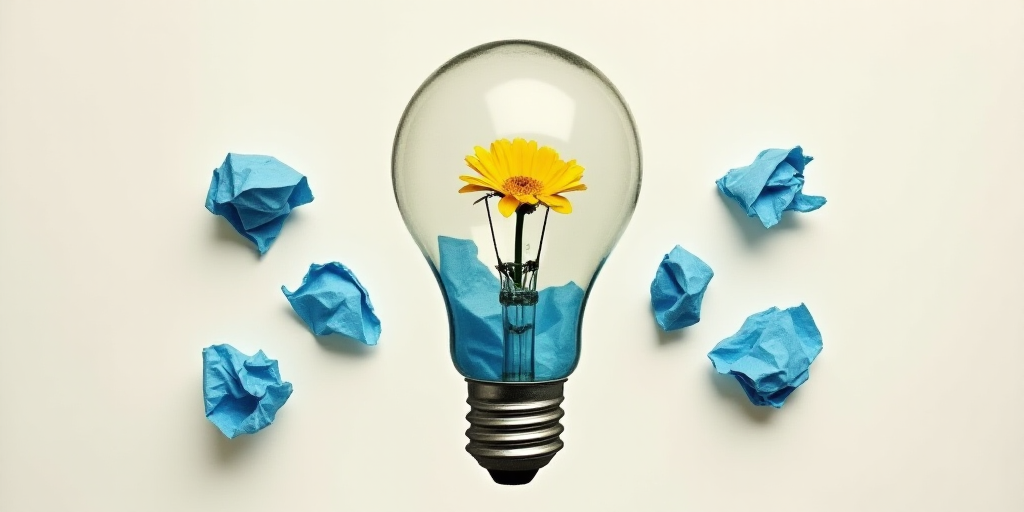 a light bulb with crumpled blue paper around it and a yellow flower in the middle of the bulb and fi