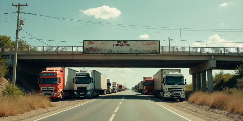 a line of trucks parked on the side of a road under a bridge with a sign above them that says,, Agus