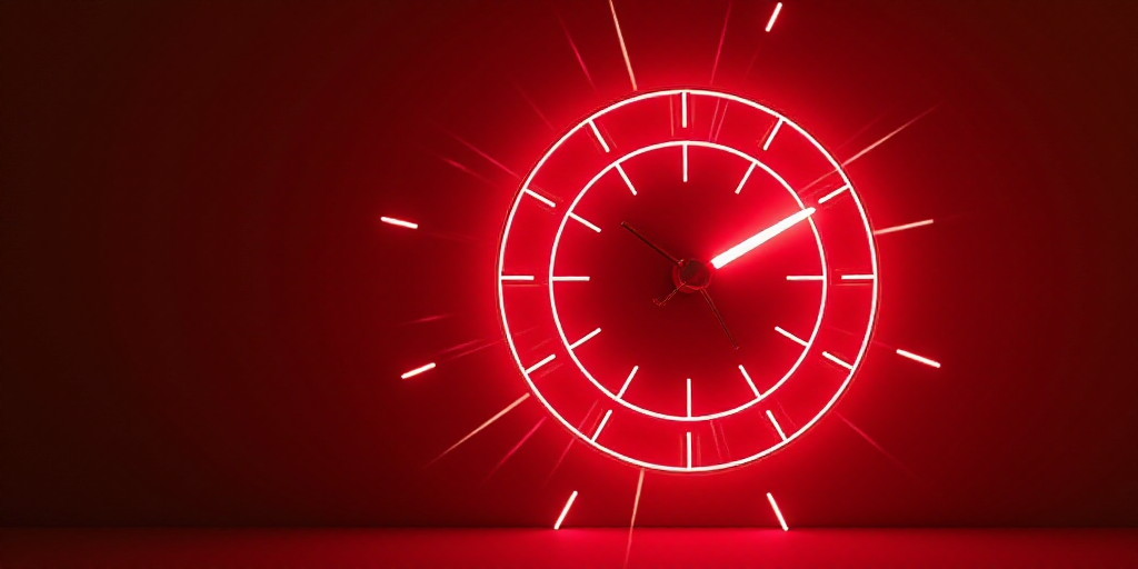 a lit up clock with a red background and lines of light coming from it's face and a red clock face,