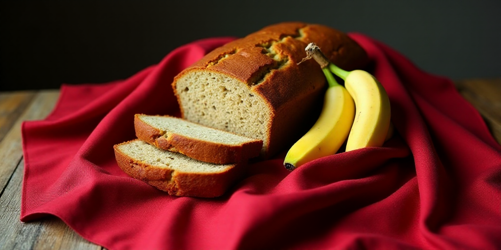 a loaf of banana bread with a red cloth and some bananas around it on a wooden table top with a red