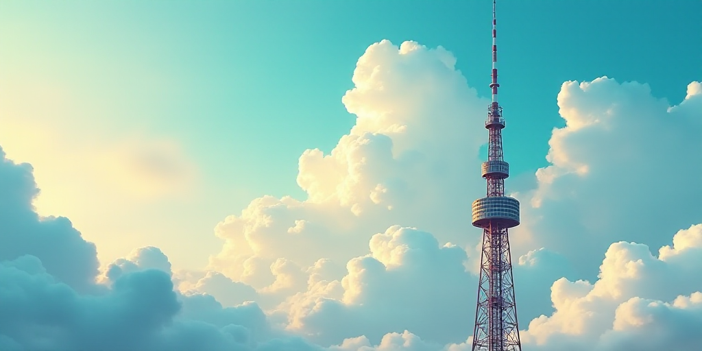 a logo for a company with a sky background and clouds in the background with a radio tower in the ba