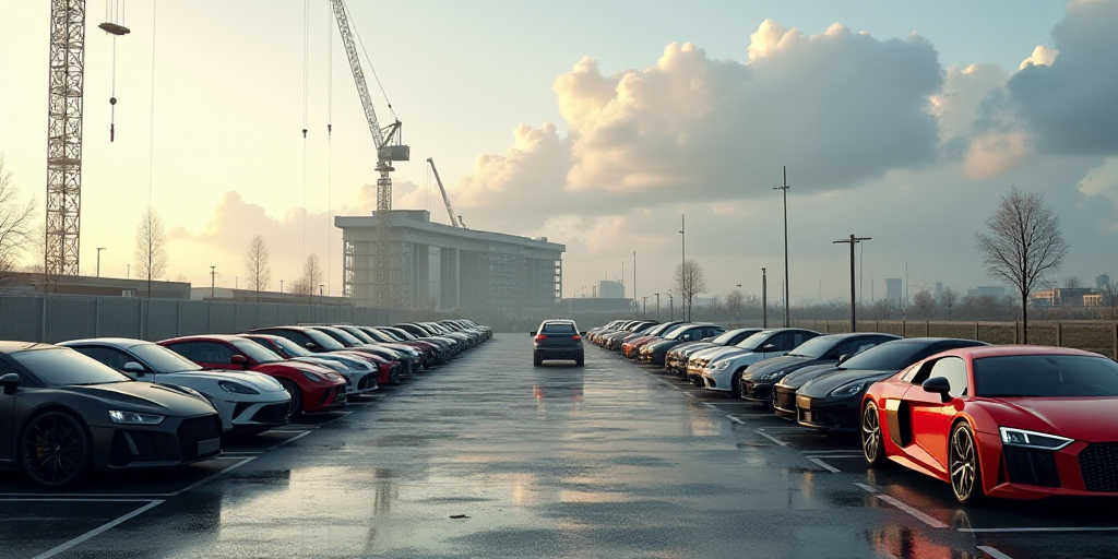 a lot of cars parked in a lot with cranes in the background and a building in the background with a