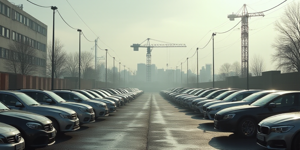 a lot of cars parked in a lot with cranes in the background and a building in the background with a