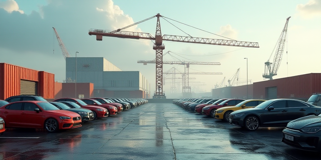 a lot of cars parked in a lot with cranes in the background and a building in the background with a