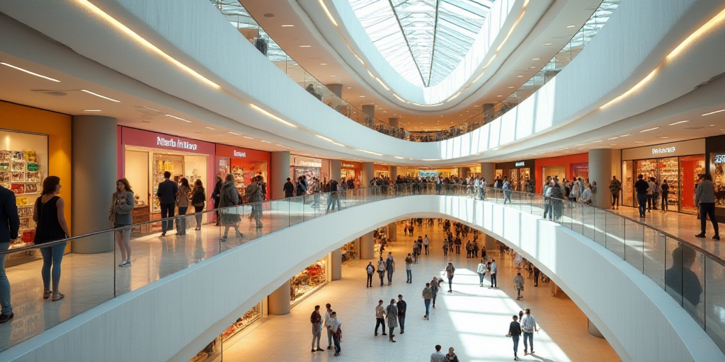 a mall with people walking around and shopping on the second floor of the mall, and a few shops on t