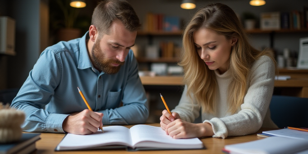 a man and a woman are sitting at a table writing on paper and looking at a notebook with a pencil, B