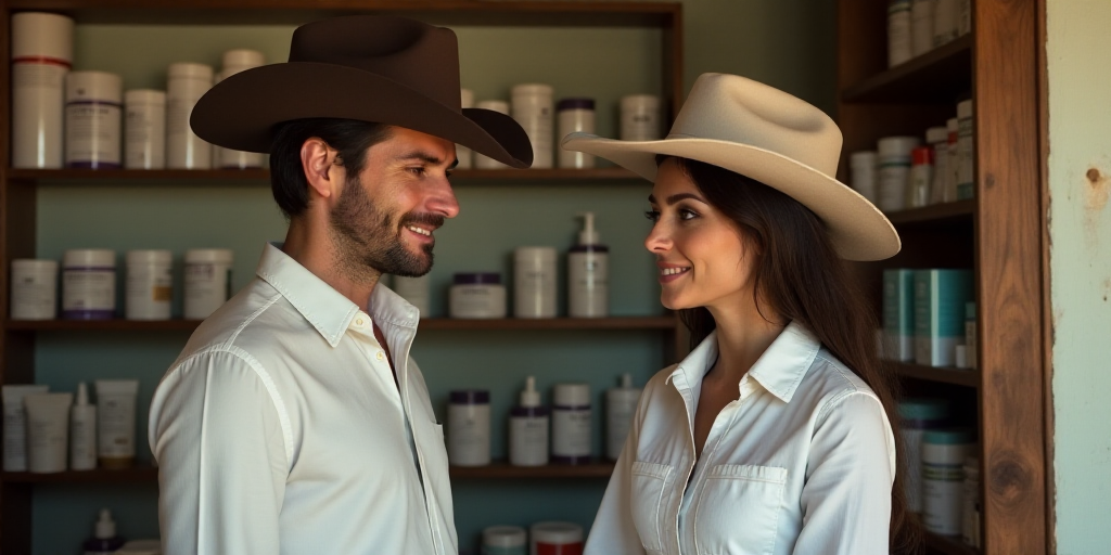 a man and a woman are talking in a pharmacy shop with a man in a cowboy hat and a woman in a white s