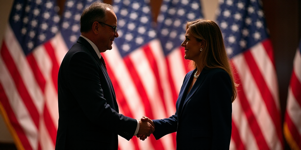 a man and a woman shaking hands in front of flags and flags of the united states and the united stat