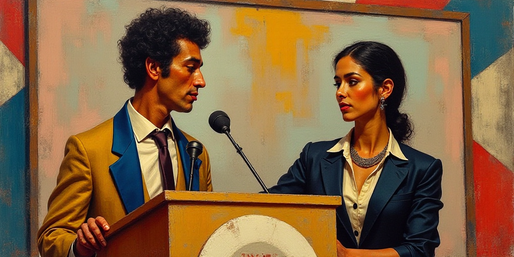 a man and a woman standing at a podium with a microphone in front of them and a sign behind them, Da