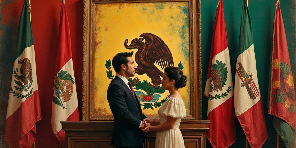 a man and a woman standing at a podium in front of flags and a portrait of mexico behind them, David