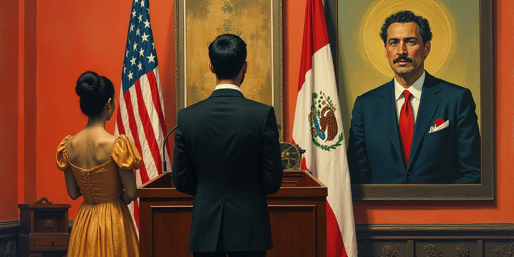 a man and a woman standing at a podium in front of flags and a painting of a man in a suit, David Al