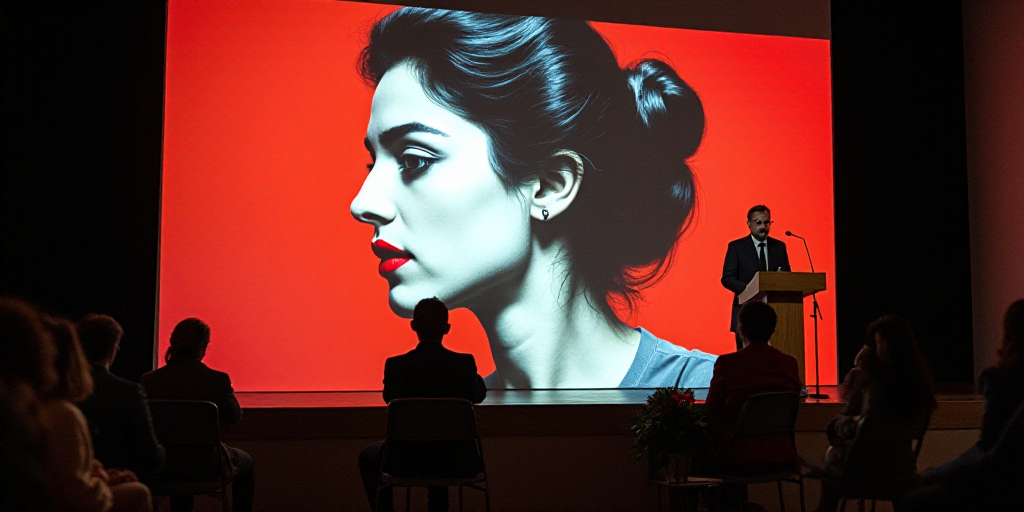 a man and a woman standing at a podium in front of a banner with a picture of a woman, David Alfaro