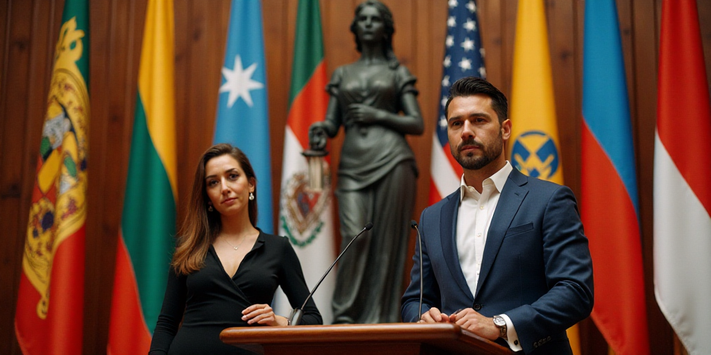 a man and a woman standing at a podium in front of flags of different countries and a statue of a wo