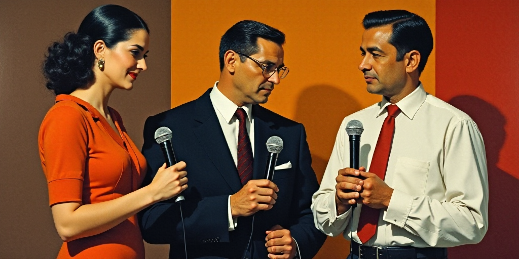 a man and a woman standing next to each other holding a microphone in their hands and a man in a whi
