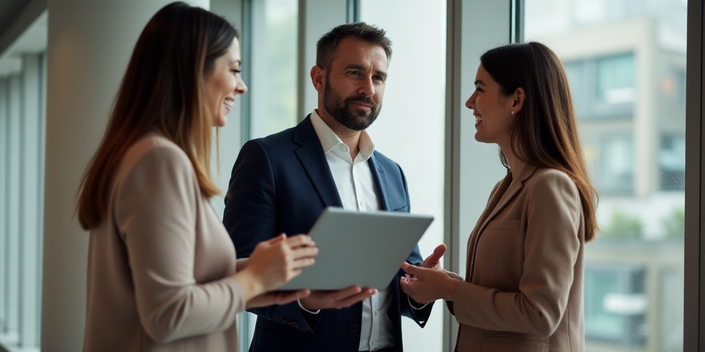 a man and two women are standing together and talking to each other while holding a laptop computer