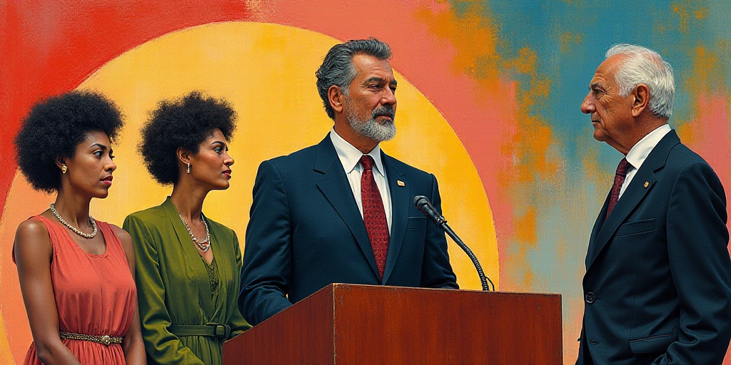a man and two women standing behind a podium with a man in a suit and tie on the side, David Alfaro