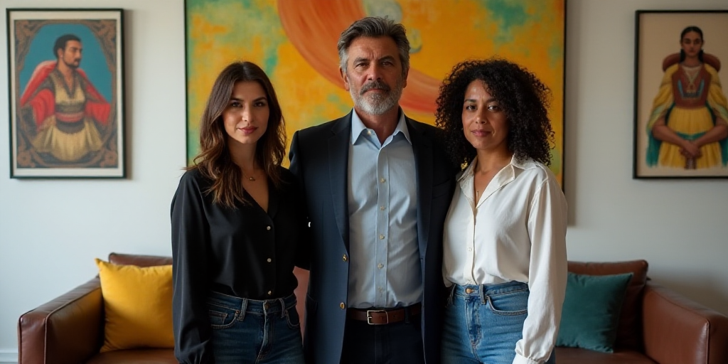 a man and two women standing in front of a wall with paintings on it and a couch in the background,