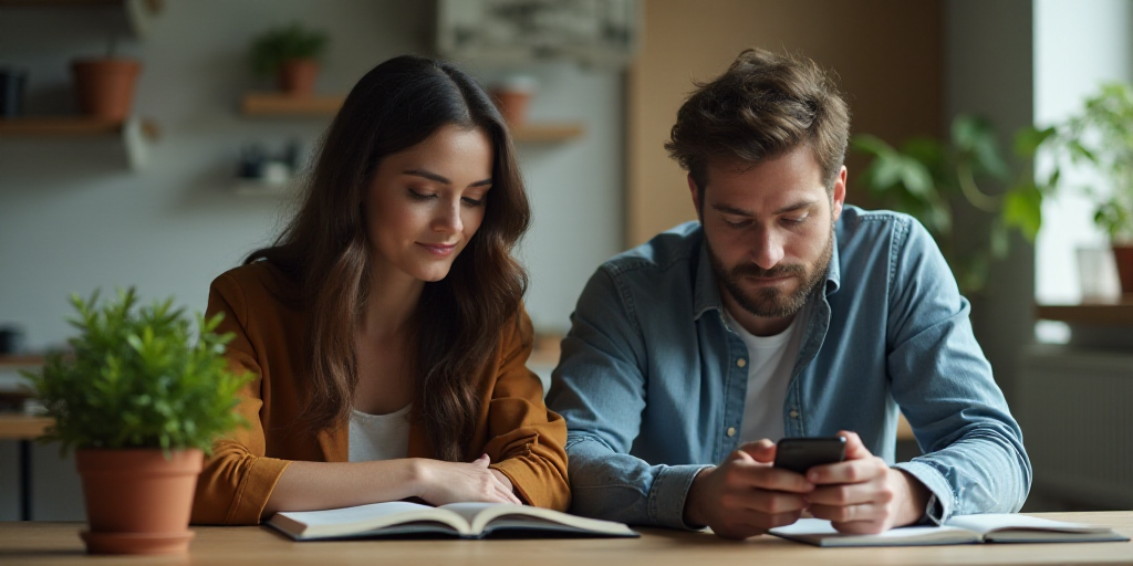 a man and woman are looking at a book and a phone while sitting at a table with a plant, Andries Sto