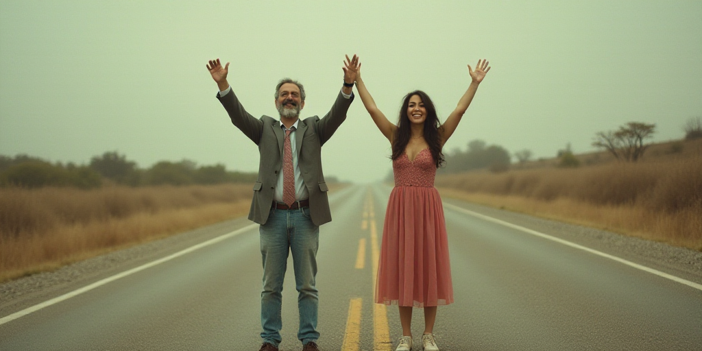a man and woman are standing in the middle of a road with their arms up in the air and smiling, Arac