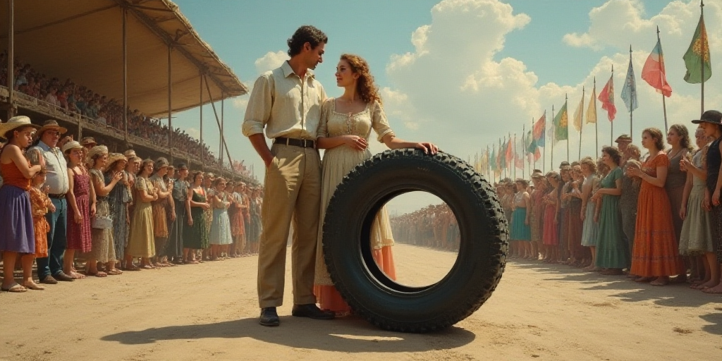a man and woman are standing next to a tire on a stage with a crowd of people behind them, Anna Mari