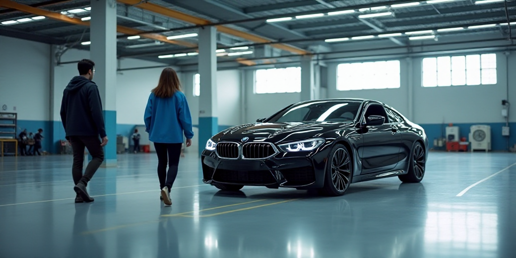 a man and woman are walking towards a bmw car in a factory building with a blue jacket on and a blac