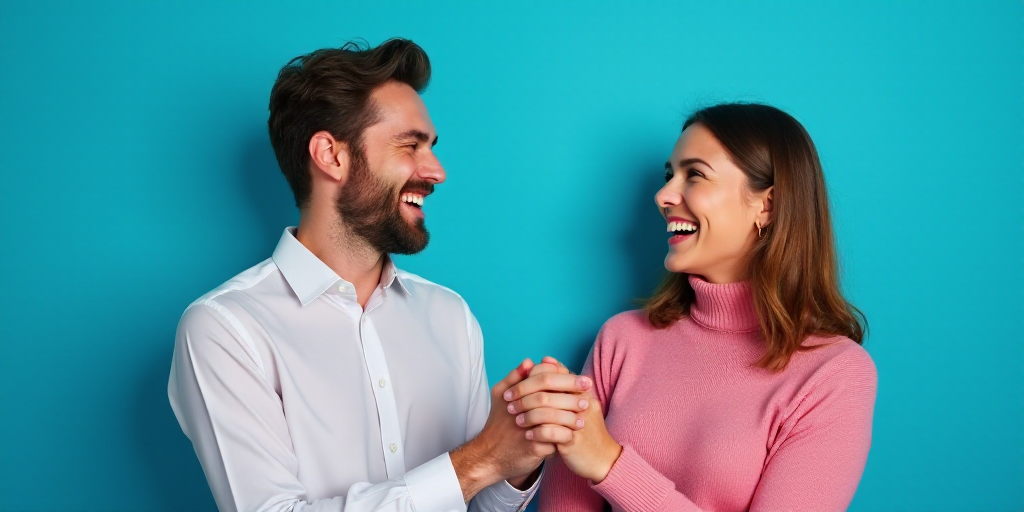 a man and woman laughing and holding their hands together, with a blue background behind them, and a