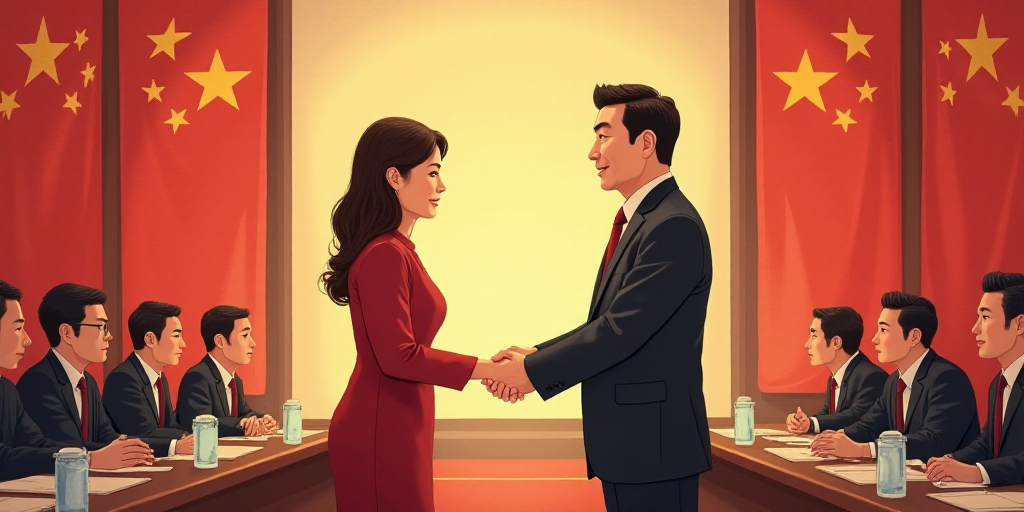 a man and woman shaking hands in front of flags in a room with other people sitting at tables and ch