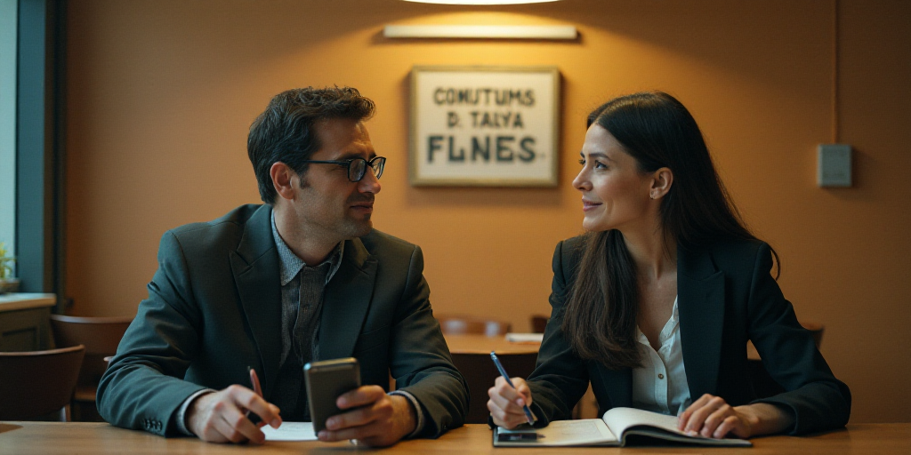 a man and woman sitting at a table with a cell phone in front of them and a sign behind them, Carlos