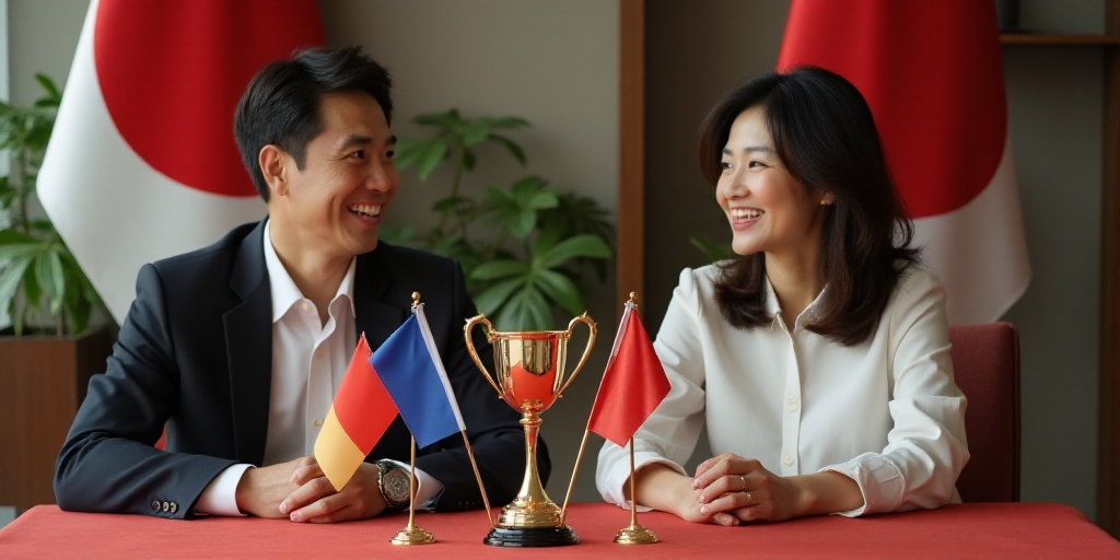 a man and woman sitting at a table with flags on it and a gold trophy in front of them, Chizuko Yosh