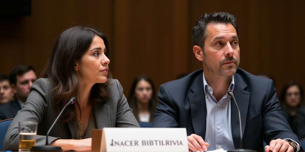 a man and woman sitting at a table with microphones in front of them and a sign behind them, Araceli