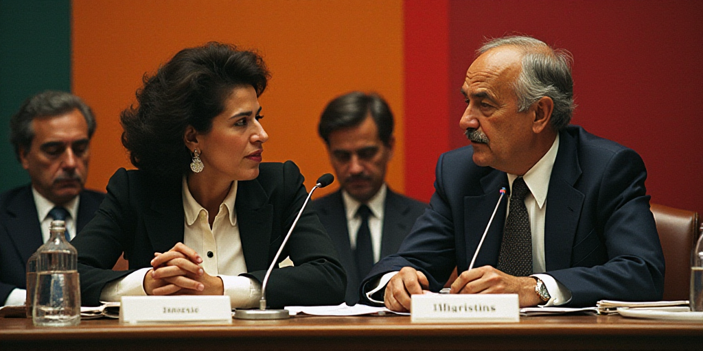 a man and woman sitting at a table with microphones in front of them and a man in a suit and tie, Da