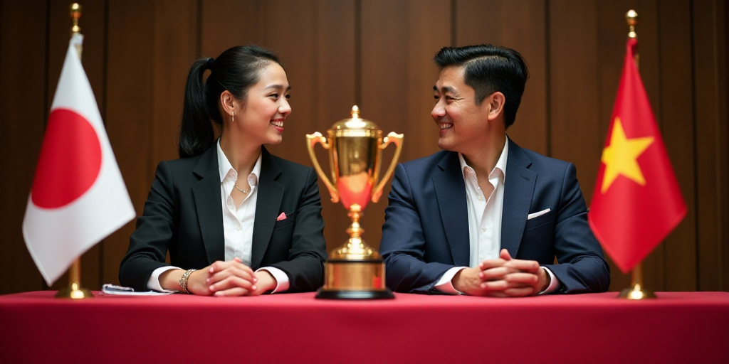 a man and woman sitting at a table with flags on it and a gold trophy in front of them, Chizuko Yosh