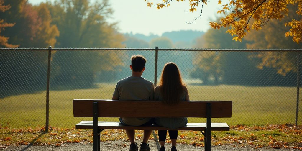 a man and woman sitting on a bench in front of a fenced in area with a wooden bench, Araceli Gilbert