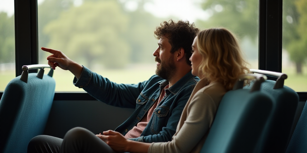 a man and woman sitting on a bus together, one pointing at something while the other looks on from b