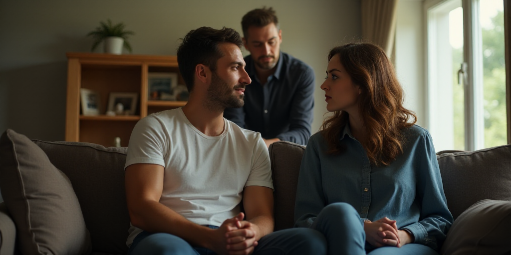 a man and woman sitting on a couch talking to each other while a man looks on from behind them, Ando