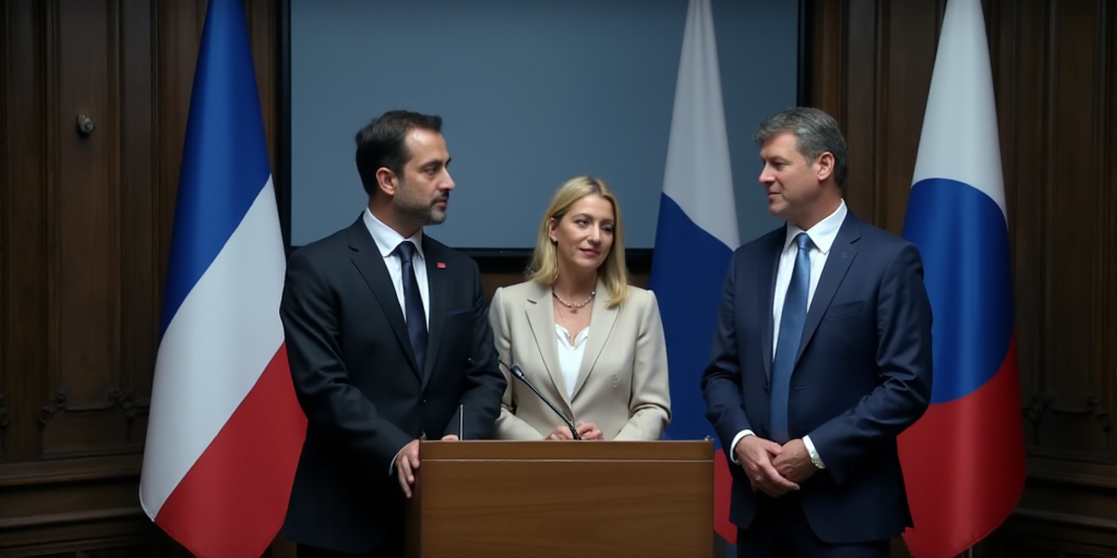 a man and woman standing at a podium in front of a screen with a flag behind them and a man in a sui