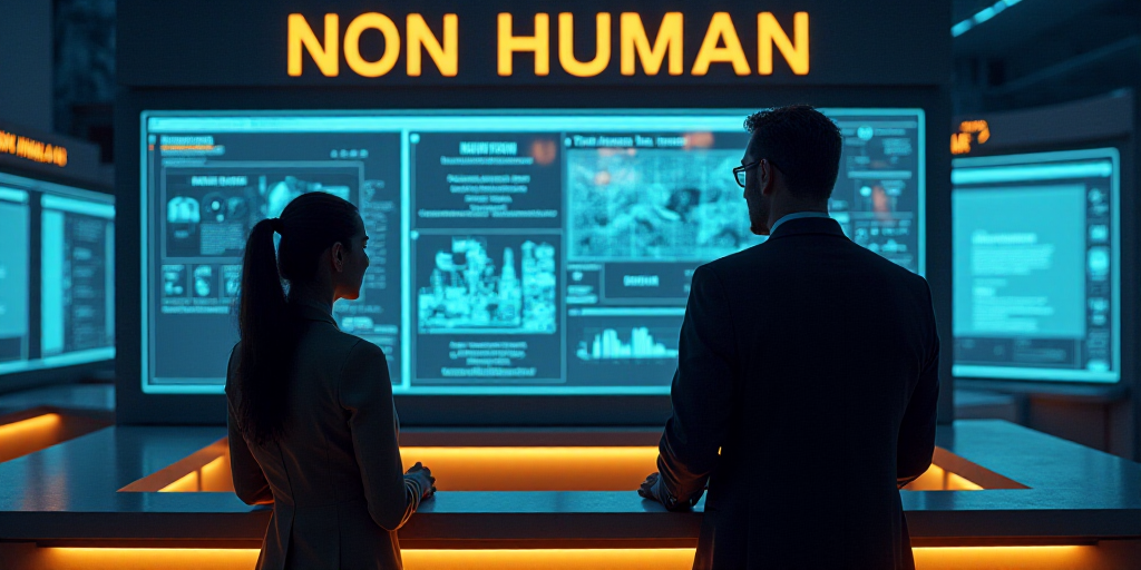 a man and woman standing behind a desk in front of a sign that says enterprise business non human ex