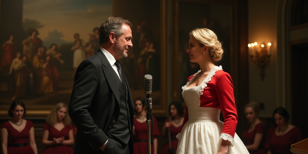 a man and woman standing in a room with a microphone and a man in a suit and tie and a woman in a re