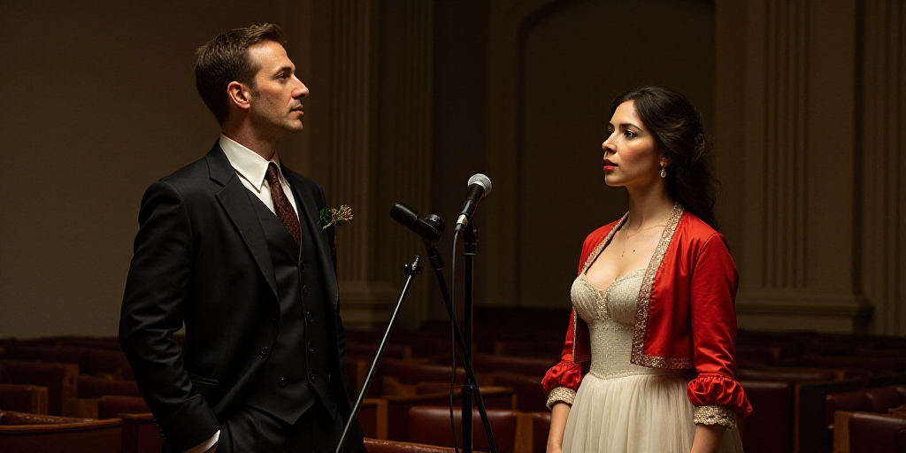 a man and woman standing in a room with a microphone and a man in a suit and tie and a woman in a re